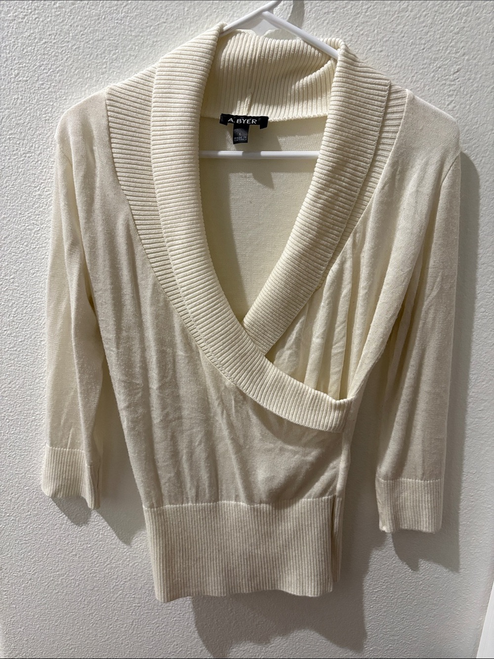 A. Byer Cream Ribbed Shawl-Collar Sweater